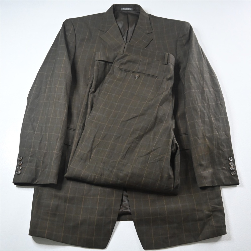 Vanetti 42L 34x30 Brown Windowpane‎ Mens Jacket Pants Suit